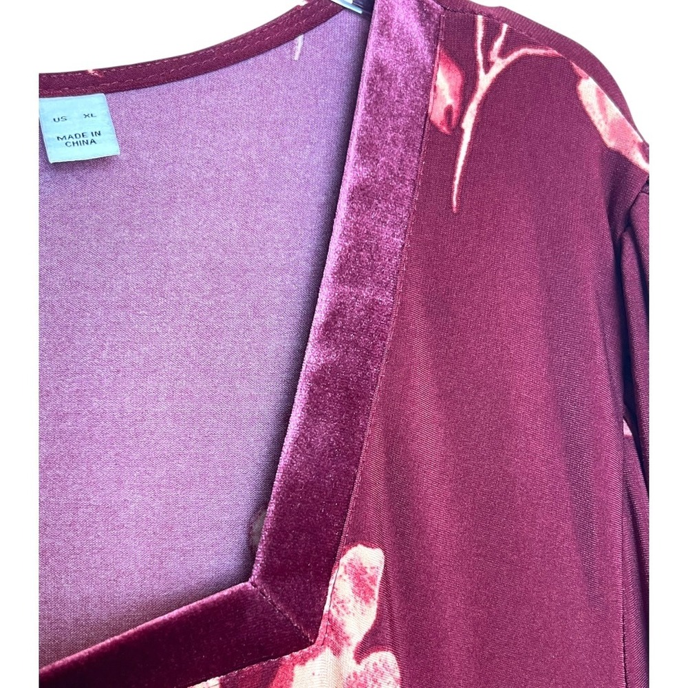 Susan Graver Floral Midi Dress‎ Womens XL Burgundy Velvet Trim Lace Cuff - Picture 8 of 14